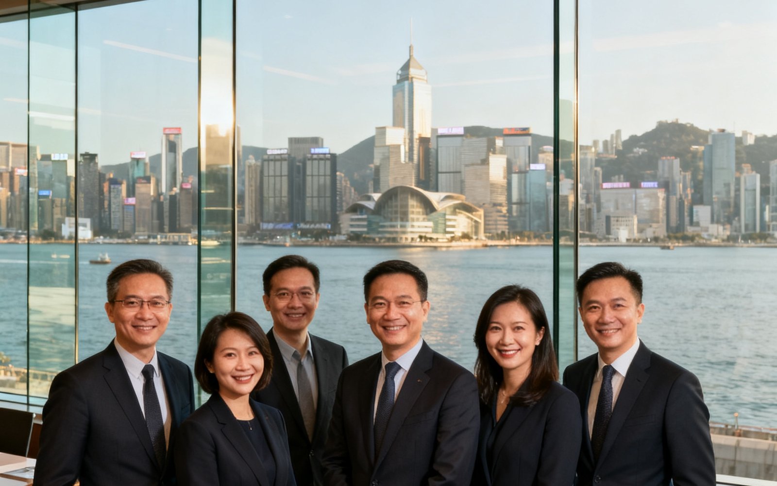 GBTJT贵宾厅核心团队在位于香港中环总部办公室的合影，背景是落地玻璃窗外的维多利亚港天际线，团队成员身着正装，面带自信微笑，展现专业气质。