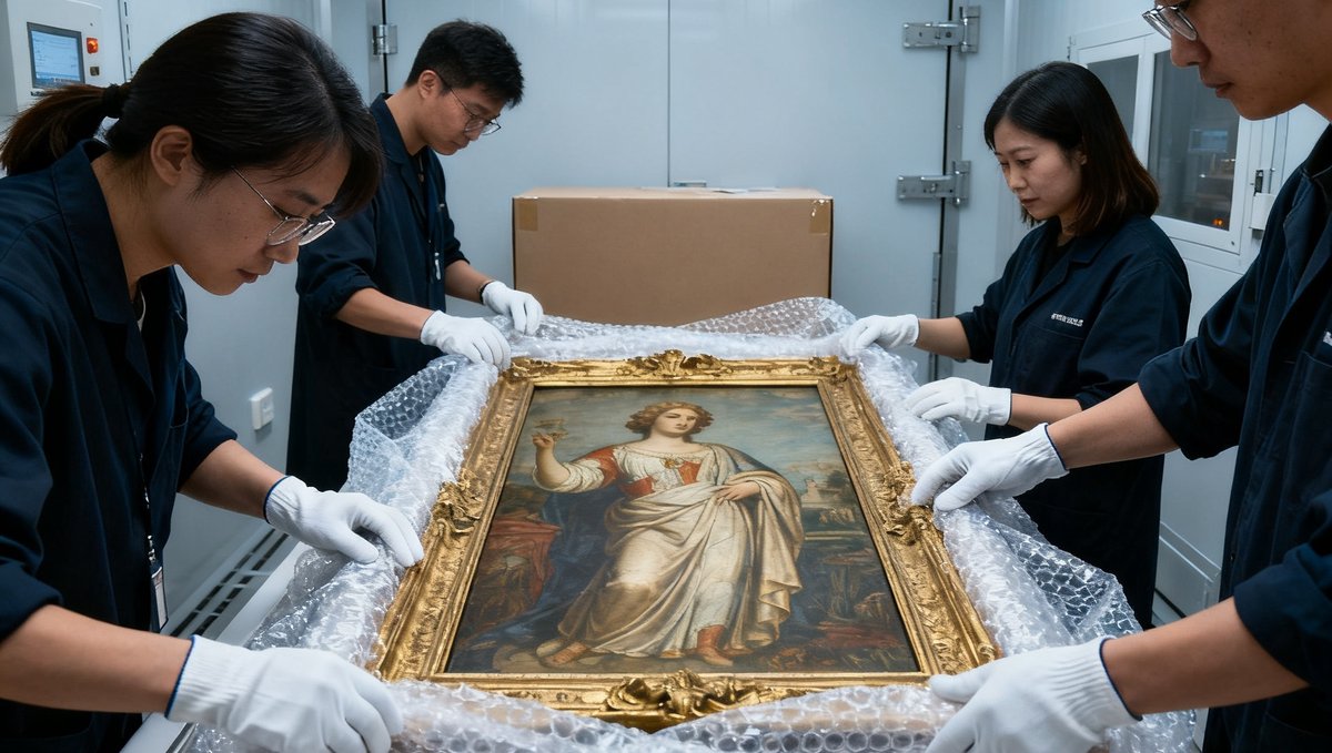 一件珍贵艺术品正在被专业团队进行恒温恒湿包装的现场照片，工作人员佩戴白手套，使用特制防震材料层层包裹。